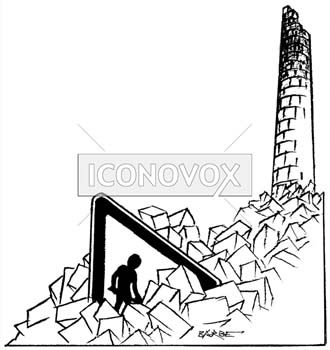 Usine en ruine, travailleurs ruinés., dessin de Barbe, réf. 0023-0048
