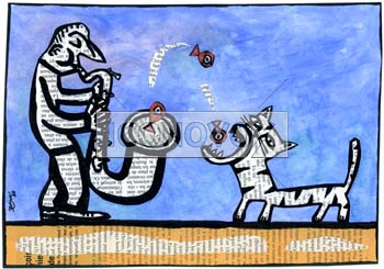 Chat nourri au saxophone, dessin de Bonjour, réf. 0030-0036