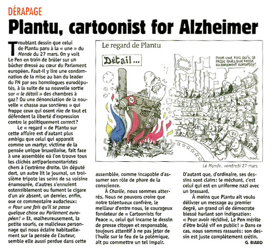 Gérard Biard contre Plantu : L'article dans Charlie Hebdo