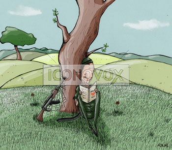 Le soldat qui lisait des romans d´amour, dessin de Adene, réf. 0075-0018