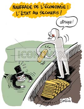Naufrage de l'économie : l'État, au secours!, dessin de Soulcié, réf. 0051-0218