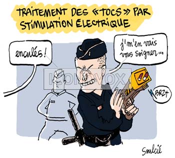 Traitement des "tocs" par stimulation électrique, dessin de Soulcié, réf. 0051-0246