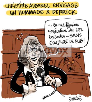 Christine Albanel envisage un hommage à Derrick, dessin de Soulcié, réf. 0051-0303